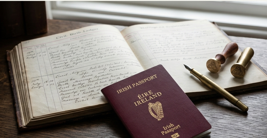 An Irish passport and genealogical documents illustrating the pathway to Irish citizenship by descent and representing the search for ancestors and eligibility for an Irish passport. Documents for Irish Citizenship by Descent.