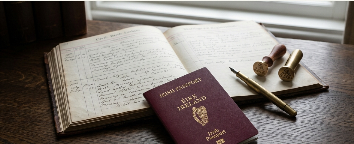 An Irish passport and genealogical documents illustrating the pathway to Irish citizenship by descent and representing the search for ancestors and eligibility for an Irish passport. Documents for Irish Citizenship by Descent.