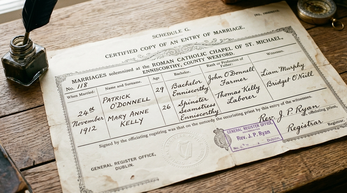 Vintage 1912 Irish marriage certificate used for professional genealogy research and Irish citizenship applications by ForeverDear.