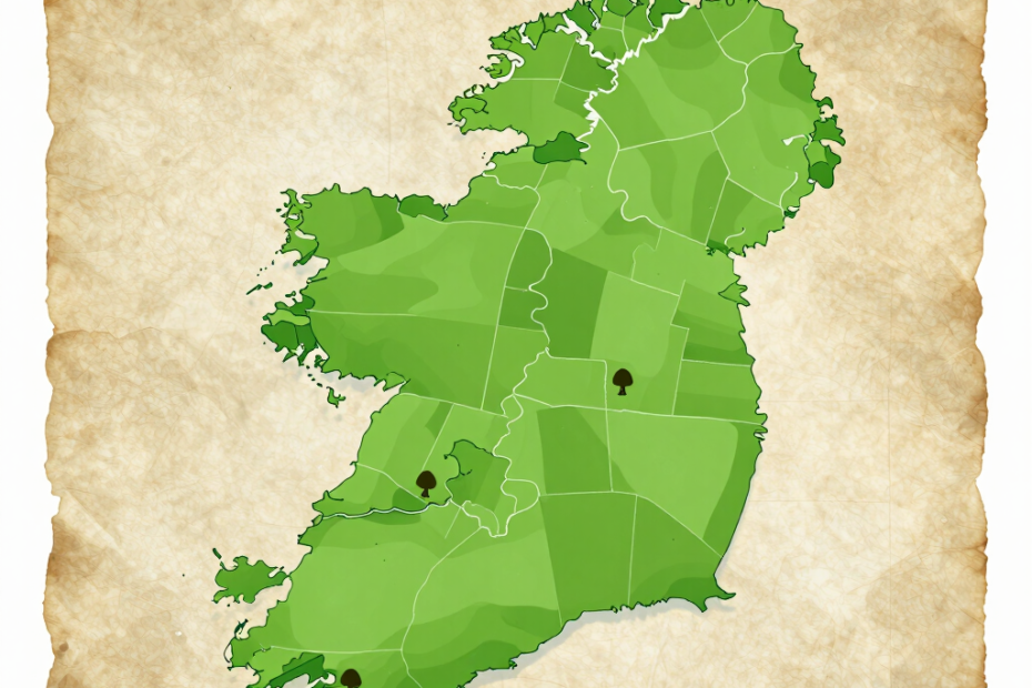 A stylized, light green map of Ireland with all county borders clearly defined, presented on a piece of vintage, textured parchment paper. The dark grey text "ForeverDear" is overlaid across the top of the island. There are three small, simple brown tree icons placed in the interior of the map, representing three distinct ancestral origins. In the top-left corner, there is a complex dark blue Celtic knot logo.