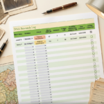 A high-angle, top-down photograph of a printed "DNA Research Log" spreadsheet resting on a cream-coloured desk. The spreadsheet contains columns for Match Name, Database, Branch, and Shared DNA metrics, with sample entries for "Joseph G." and "Nancy P." highlighted in orange and yellow. Surrounding the document are vintage genealogy-themed items: a classic fountain pen, an antique map of Ireland, aged black-and-white family photographs, and old handwritten record cards. A warm lamp light glows from the top right, and a banner at the bottom reads, "Your essential tool for tracing Irish roots. Download your free DNA Research Log template! - Forever Dear Genealogy."